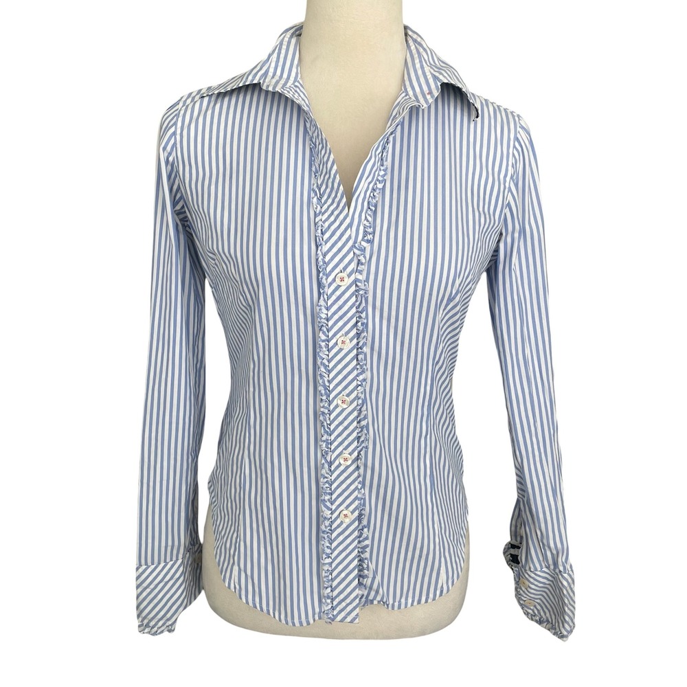 Lilly Pulitzer Jonni Top Stripes Ruffle Cotton Button Up Top Sz 0 Chic Nautical